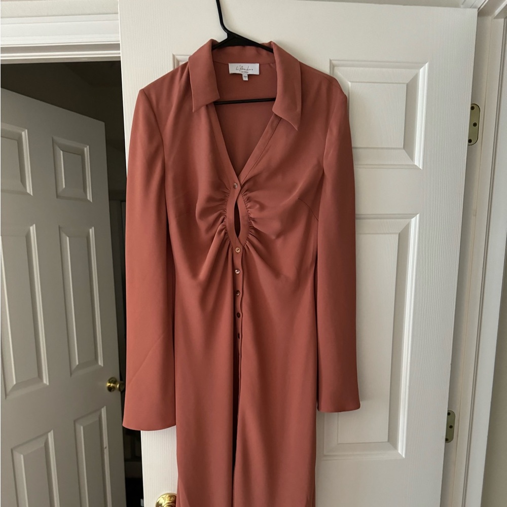 L’Academie Los Angeles chic and classy button down dusty pink dress